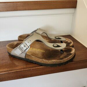 Birkenstock women's Gizeh thong birko-flor silver sandals in size 39